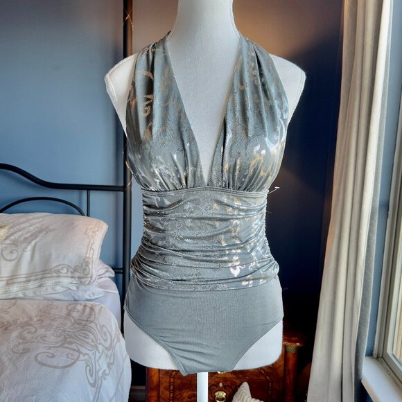 Sea Queen Silver Metallic Halter One Piece Bathing Suit - Picture 2 of 10